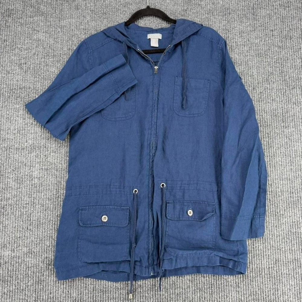 Y2K Kenar 100% linen hooded utility jacket women's blue zip up size Medium